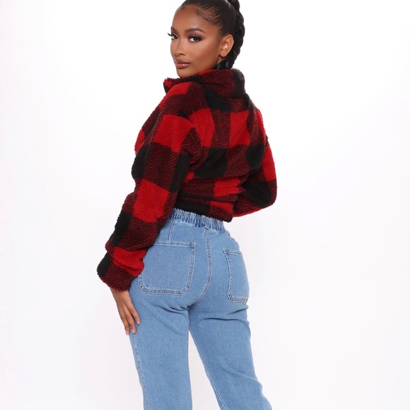 Fashion nova Plaid The Game Sherpa Pullover - Red/combo - Picture 4 of 7